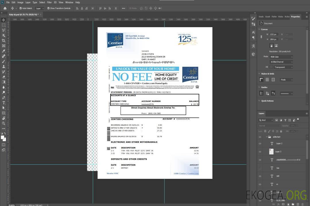 Modèle de relevé bancaire USA Indiana Centier au format Excel et PDF template